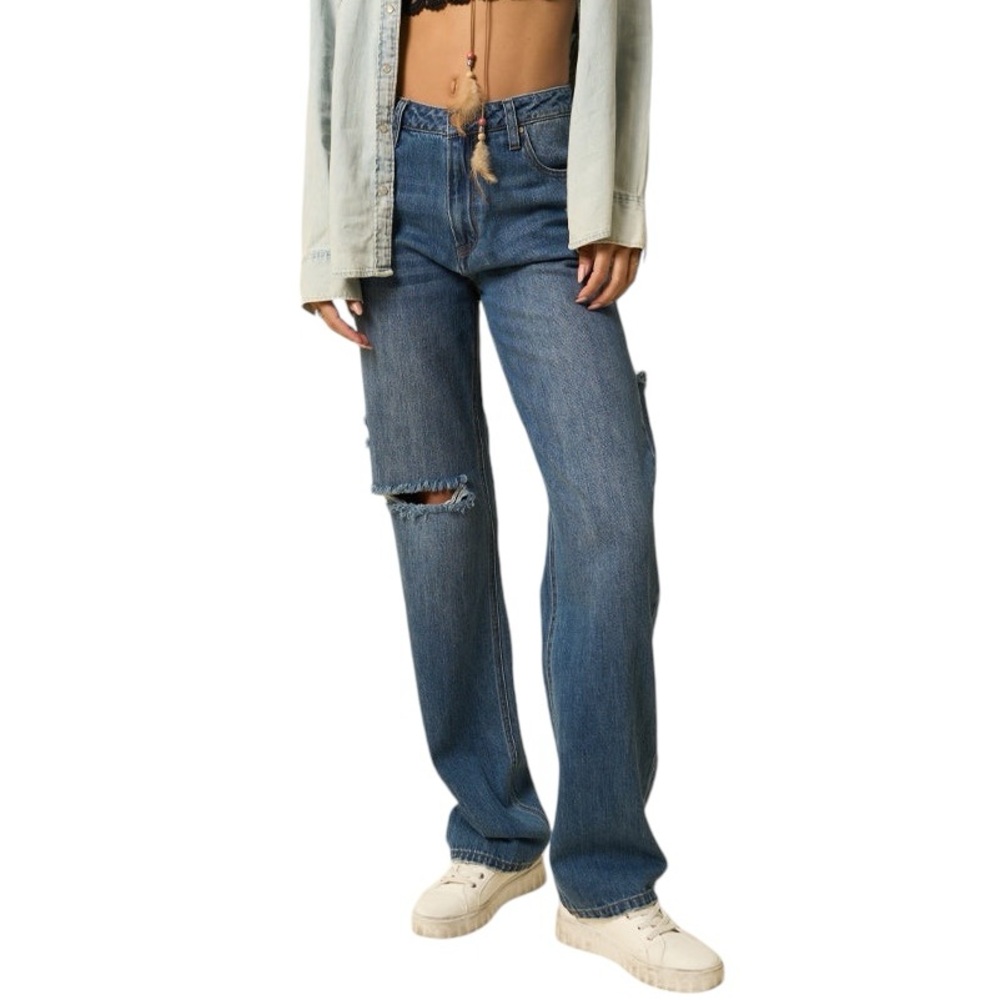 INSANE GENE denim high waist rise straight zip fly distressed jeans 13/30 NWOT